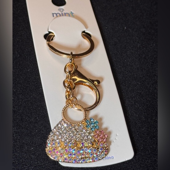 BAG CHARM Mint Gold and Iridescent Pink Blue Flower Purse Key Holder - Picture 1 of 5